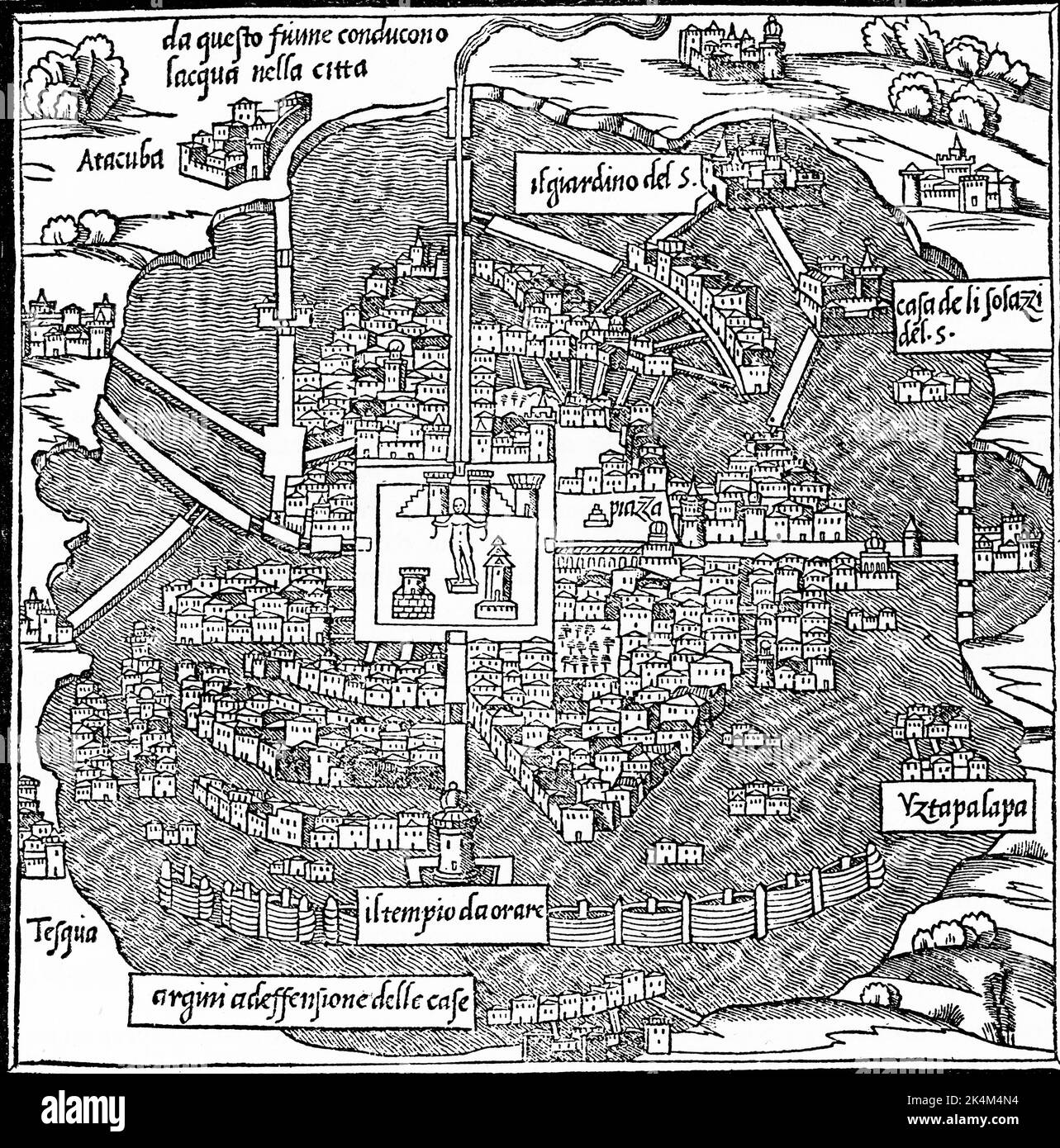 ''Temistitan' (Tenochtitlan, modernes Mexiko-Stadt), 1547. Von Benedetto Bordone (1460-1531). Ein Plan von 'Temistitan' (Tenochtitlan, moderne Mexiko-Stadt) vor der Zerstörung durch Hernán Cortés (1485-1547). Von Benedetto Bordone's 'Isolario', 1547. Stockfoto