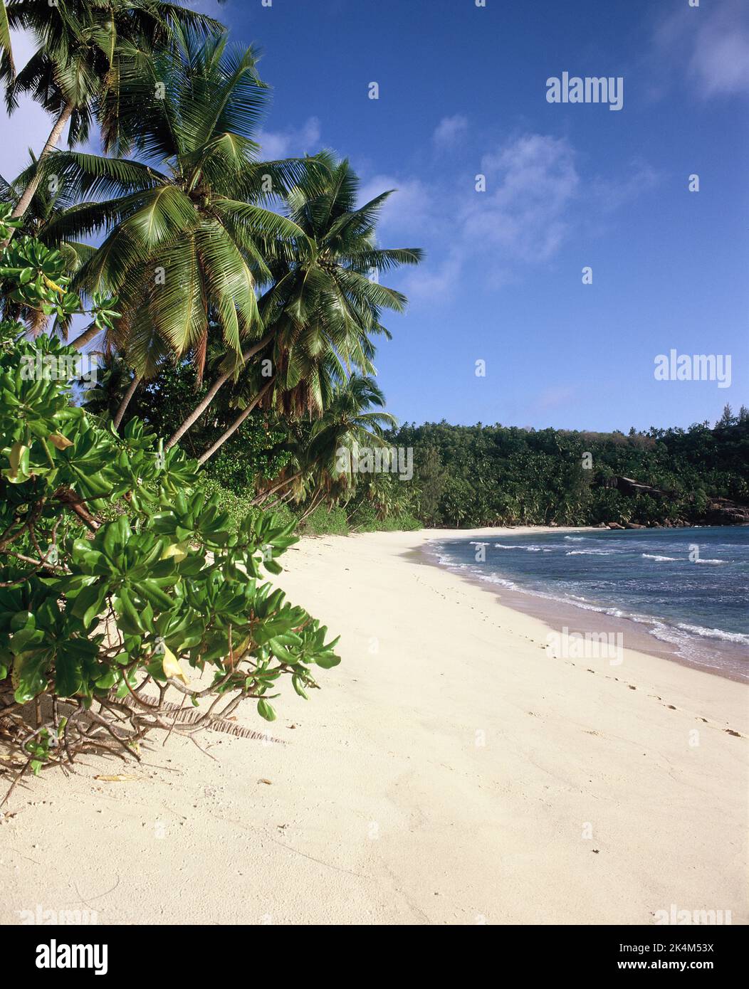 Seychellen. Mahé. Takamaka Beach. Blick über den Tag. Stockfoto