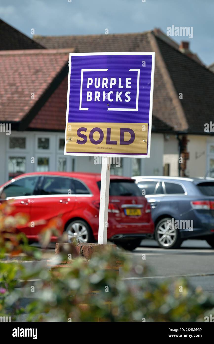 Ein „Purple Bricks“-Online-Immobilienmakler-Schild „verkauft“ vor einem Vorstadthaus in Shepperton Surrey, England, Großbritannien Stockfoto