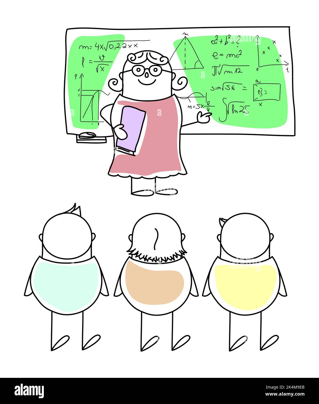 Handgezeichnete Cartoon reife weibliche Professorin, die Vorlesung an der Universität, College-Studenten. Stock Vektor
