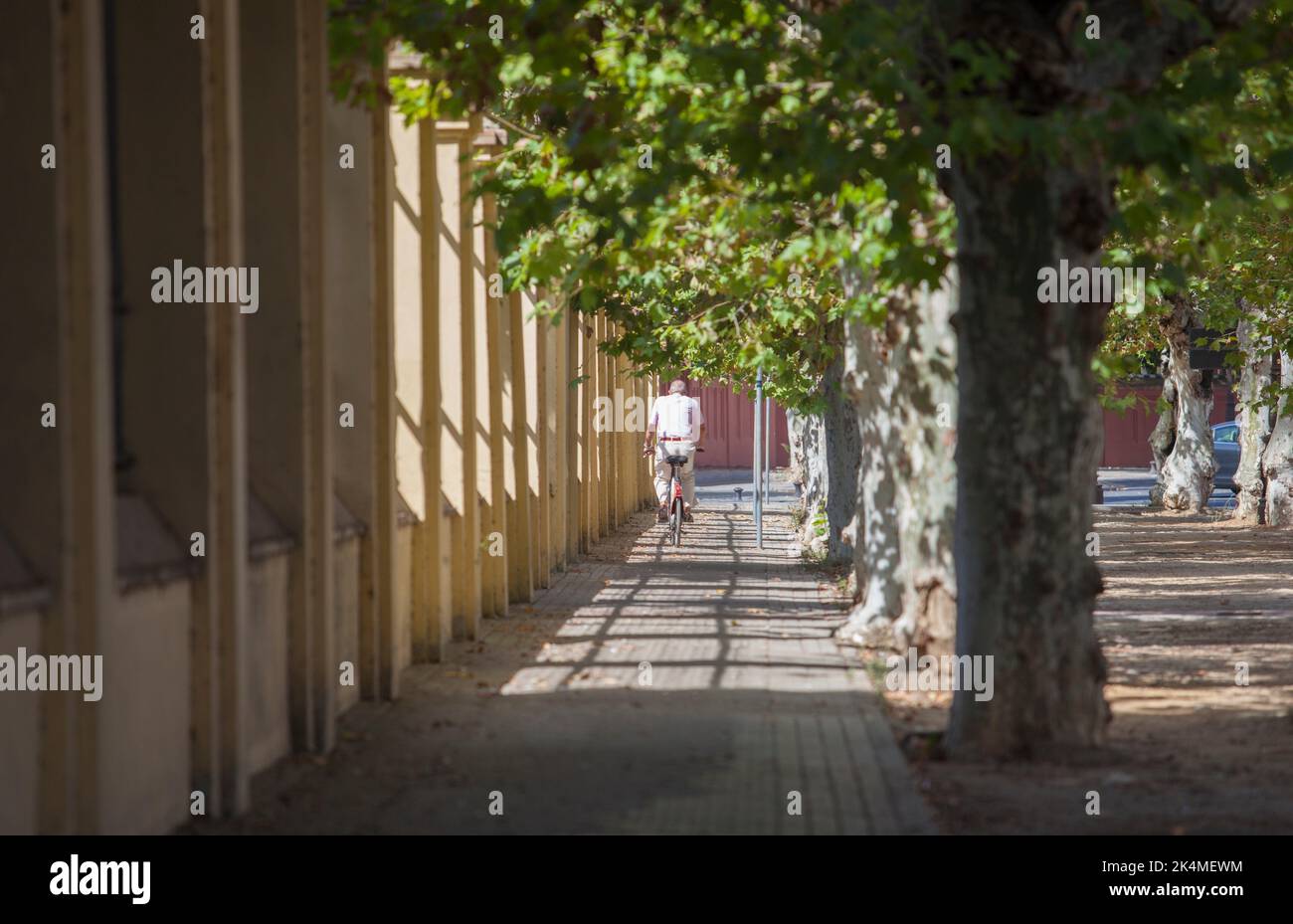 Senior Biker auf der Fahrt in der Innenstadt von Sevilla, Spanien. Milde Fahrradtouren durch die Stadt für ältere Menschen. Stockfoto
