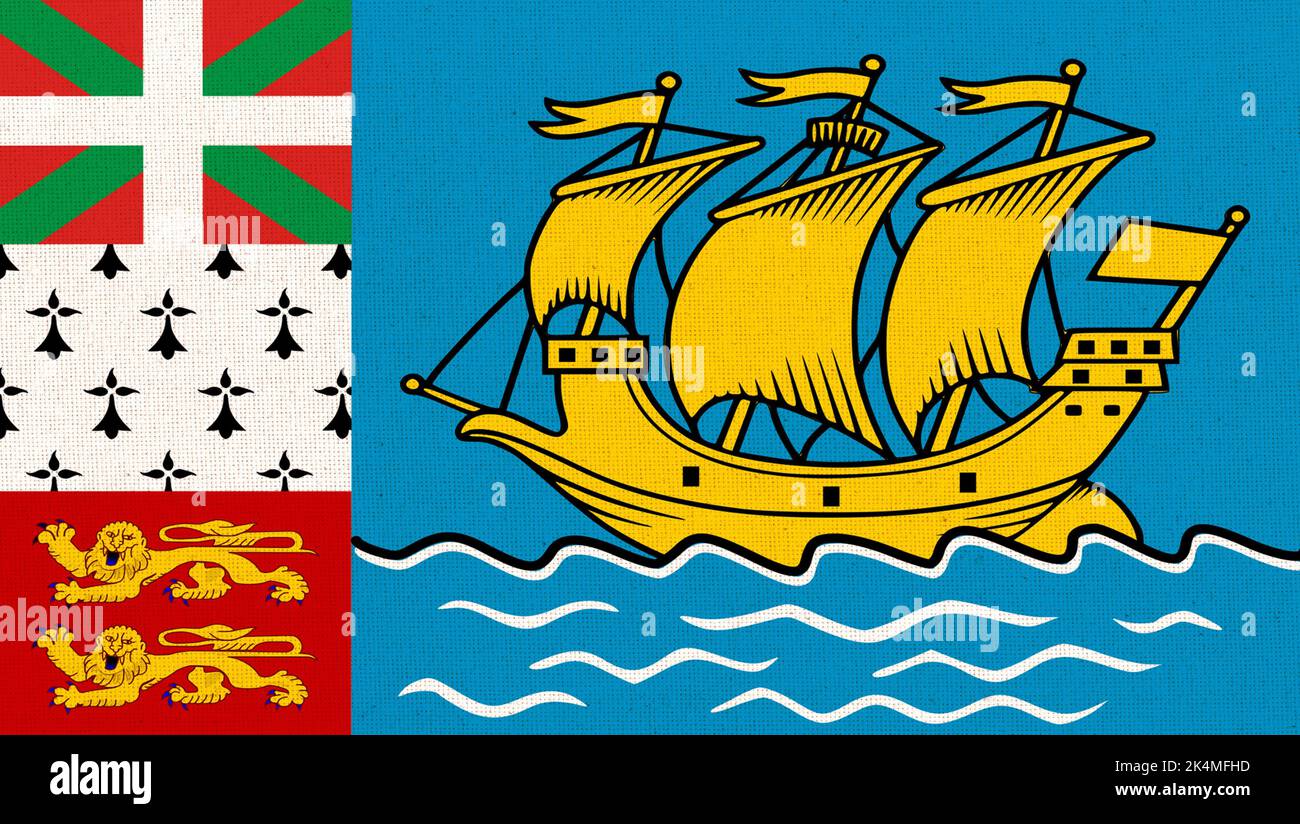 Flagge von Saint Pierre und Miquelon. Flagge auf Stoffoberfläche. Stoffstruktur. Inselstaat. Territoriale Kollektivität von Saint-Pierre und Miquelon. 3D Stockfoto
