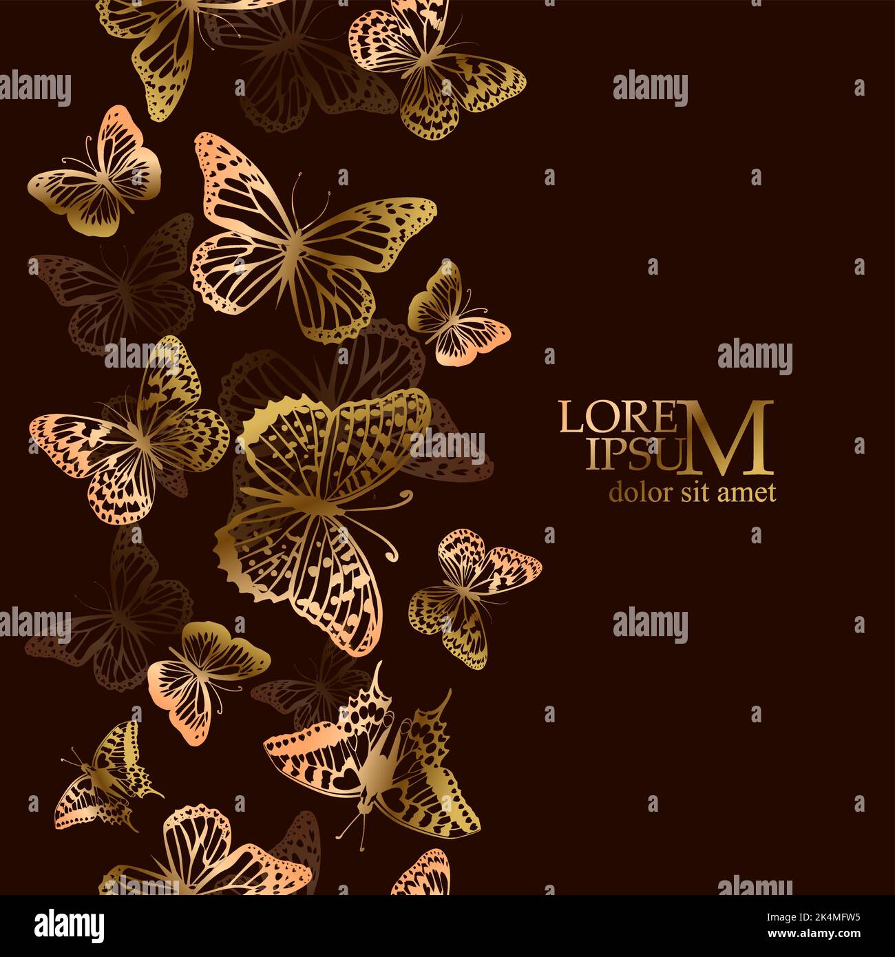 Goldene Schmetterlinge auf braunem Hintergrund. Dunkler Hintergrund mit Schmetterlingen für Text. Nahtloses Muster. Vektorgrafik Stock Vektor