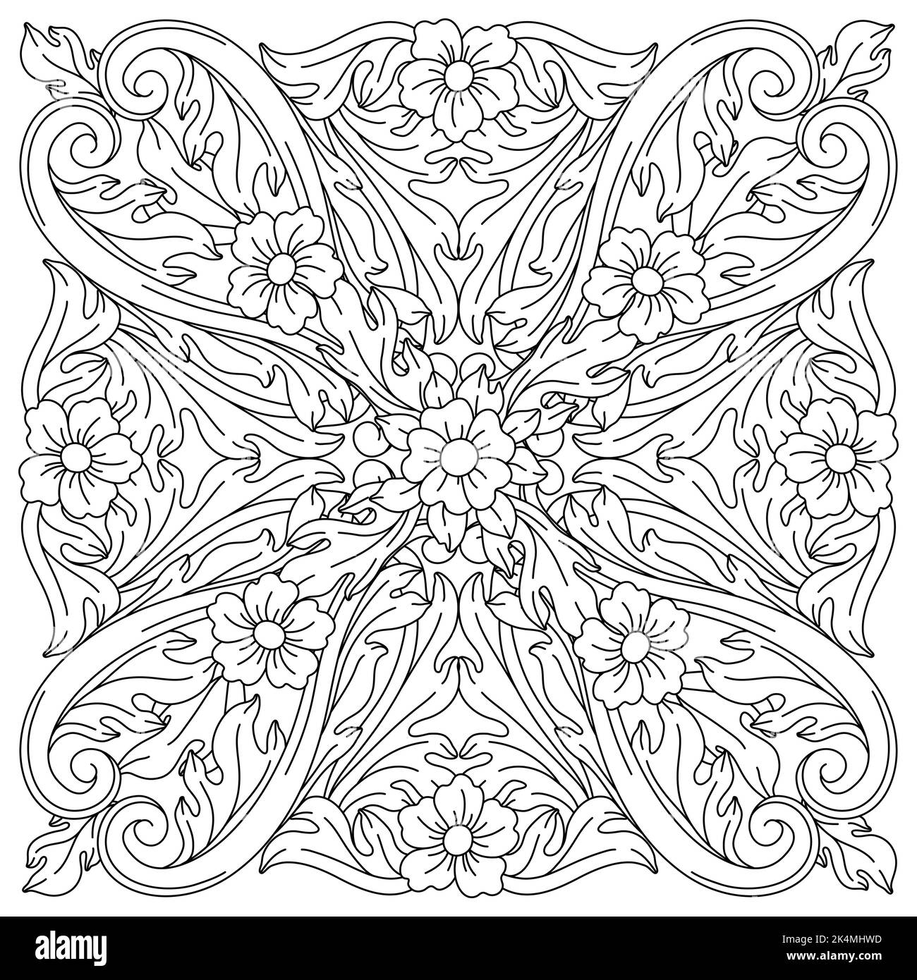 Dekorative florale Keramikfliesen im Barockstil. Schwarze Lockenpflanze. Stock Vektor