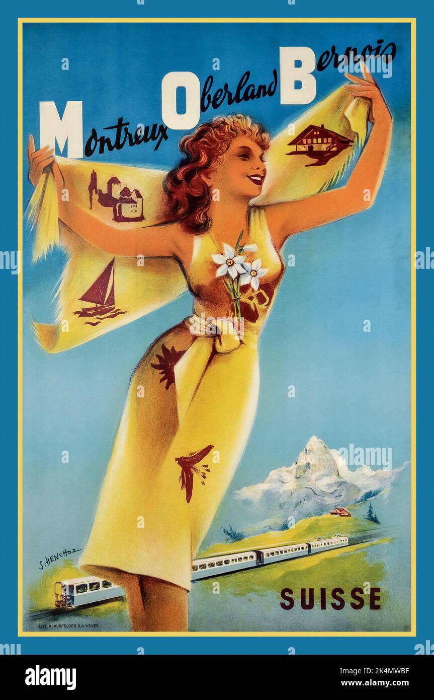 Vintage Travel Poster für die Montreux Oberland Bernois Railway in der Schweiz 1950 Werbeplakat für Reisen auf der berühmten Montreux Oberland Bernois Bahn in der Schweiz. Die MOB ist eine der frühesten Elektrobahnen des Landes und verbindet Montreux, das Skigebiet Gstaad und Interlaken und verbindet sie mit der Jungfrau-Bahn. Auf dem Poster ist eine junge Dame mit einem Kleid und einem Schal zu sehen, die mit typischen Schweizer Bildern bedruckt ist, darunter ein Segelboot, traditionelle Schweizer Hausedelweiss-Blumen, mit Zug und schneebedecktem Berggipfel am unteren Rand des von Lith gedruckten Posters. Klausfelder SA in Vevey Stockfoto