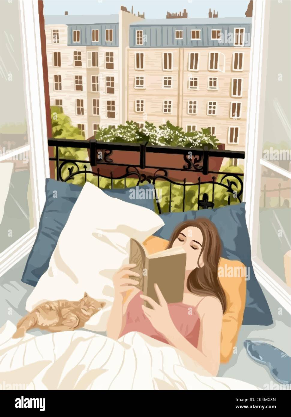 Ein Mädchen im Bett mit einem Buch und einer Ingwerkatze vor dem Hintergrund eines offenen Fensters und Blick auf die Stadt Stock Vektor