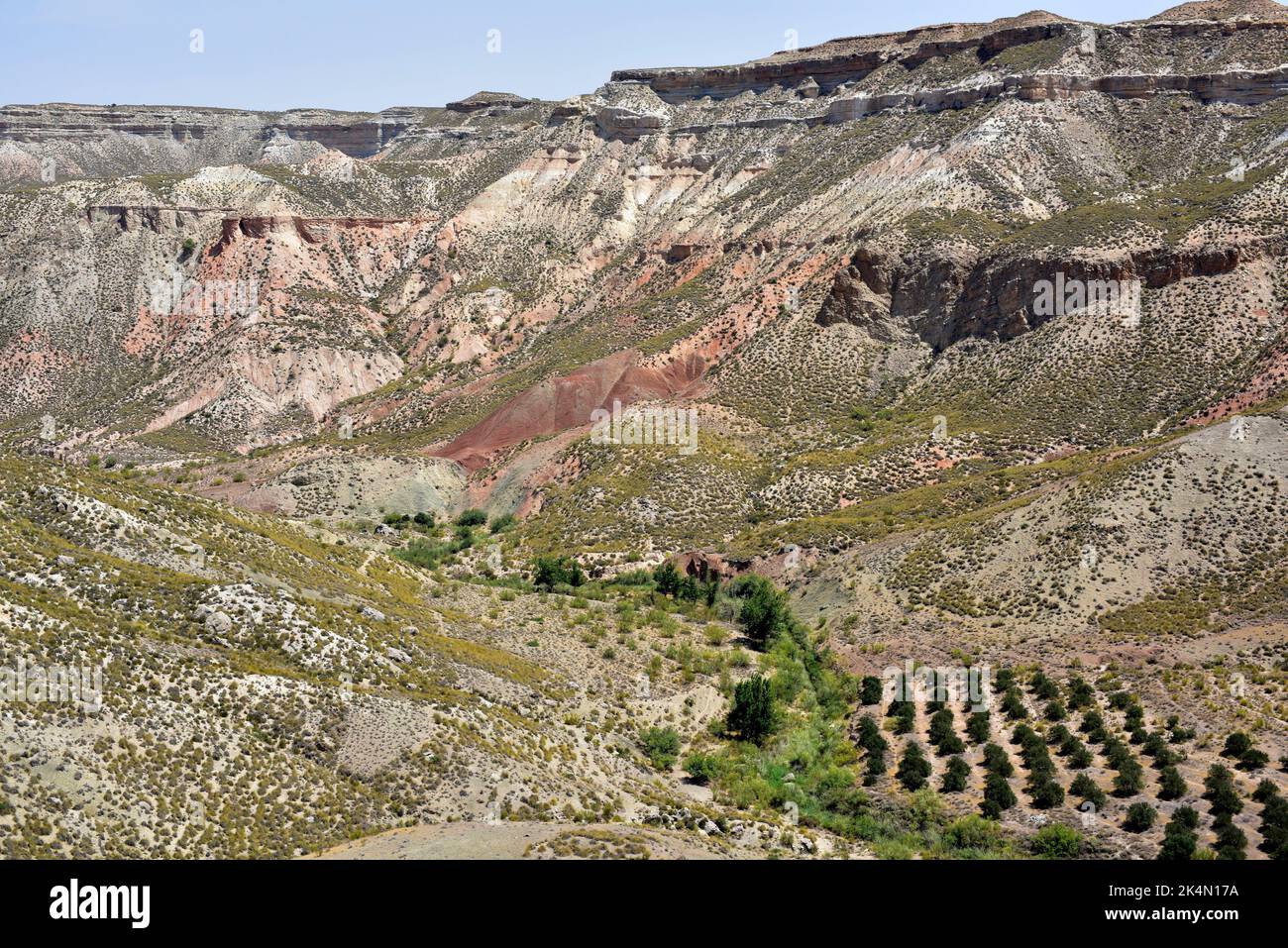 Gor River Valley in der Nähe von Gorafe. Granada, Andalusien, Spanien. Stockfoto