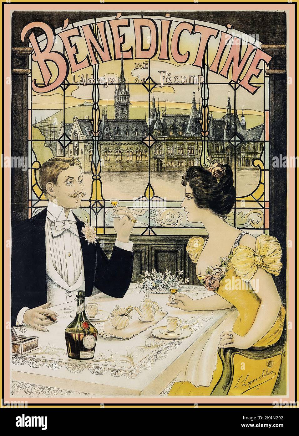 Plakat „Benediktiner“-Likör aus dem Jahr 1880s, mit einem viktorianischen Paar in luxuriösem Ambiente, das abends ein Glas Benediktiner-Likör mit Fleckglas und einem ‘BENEDIKTINER’-Fenster hinter sich genießt. Retro vintage viktorianische Getränke Alkohol Werbung. Stockfoto