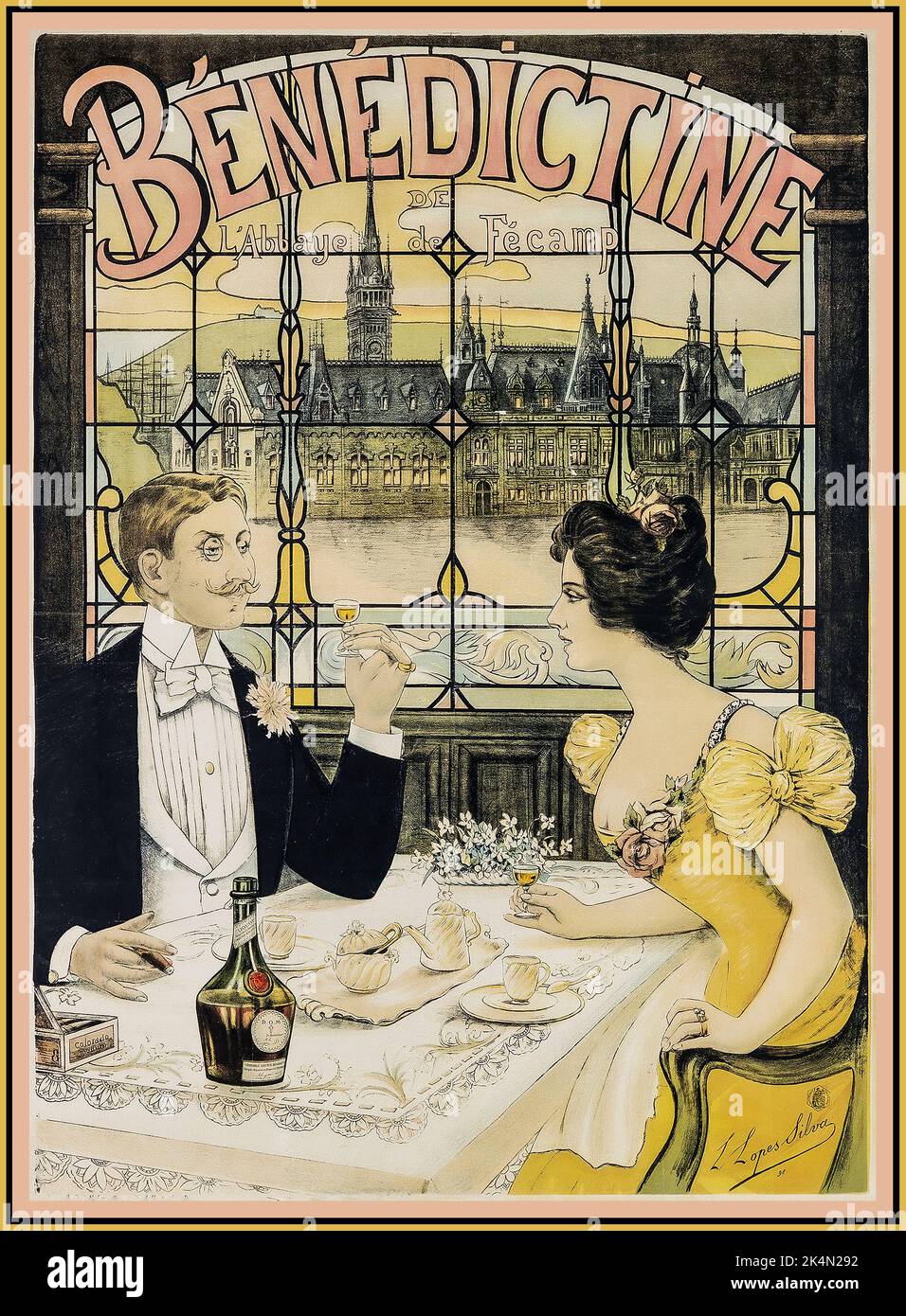 Plakat „Benediktiner“-Likör aus dem Jahr 1880s, mit einem viktorianischen Paar in luxuriösem Ambiente, das abends ein Glas Benediktiner-Likör mit Fleckglas und einem ‘BENEDIKTINER’-Fenster hinter sich genießt. Retro vintage viktorianische Getränke Alkohol Werbung. Stockfoto Plakat „Benediktiner“-Likör aus dem Jahr 1880s, mit einem viktorianischen Paar in luxuriösem Ambiente, das abends ein Glas Benediktiner-Likör mit Fleckglas und einem ‘BENEDIKTINER’-Fenster hinter sich genießt. Retro vintage viktorianische Getränke Alkohol Werbung. Stockfoto