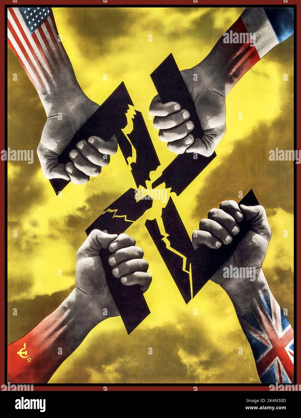 WW2 die alliierten Mächte USA, Frankreich, Großbritannien und Sowjetunion, Propagandaplakat der Anti-Nazi-Anti-Hitler-Koalition mit kollektiven Verbündeten Hände, die ein schwarzes Hakenkreuz-Symbol in Nazi-Deutschland zerbrechen. Zweiter Weltkrieg Stockfoto