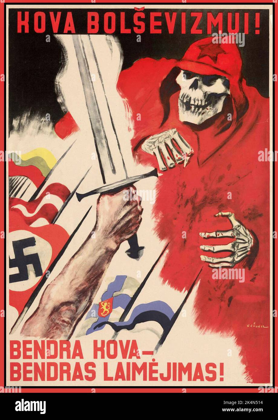 Jahrgang WW2 Nazi-Achse Propaganda Anti-sowjetische russische UdSSR Poster „Kampf gegen den Bolschewismus!“ Litauische Nazi-Achse Kollaborationsplakat, c. 1941-1944 Lithographie Darstellung einer bedrohenden Skelett-Figur der sowjetischen Armee. Anti-Bolschewismus Zweiten Weltkrieg Stockfoto