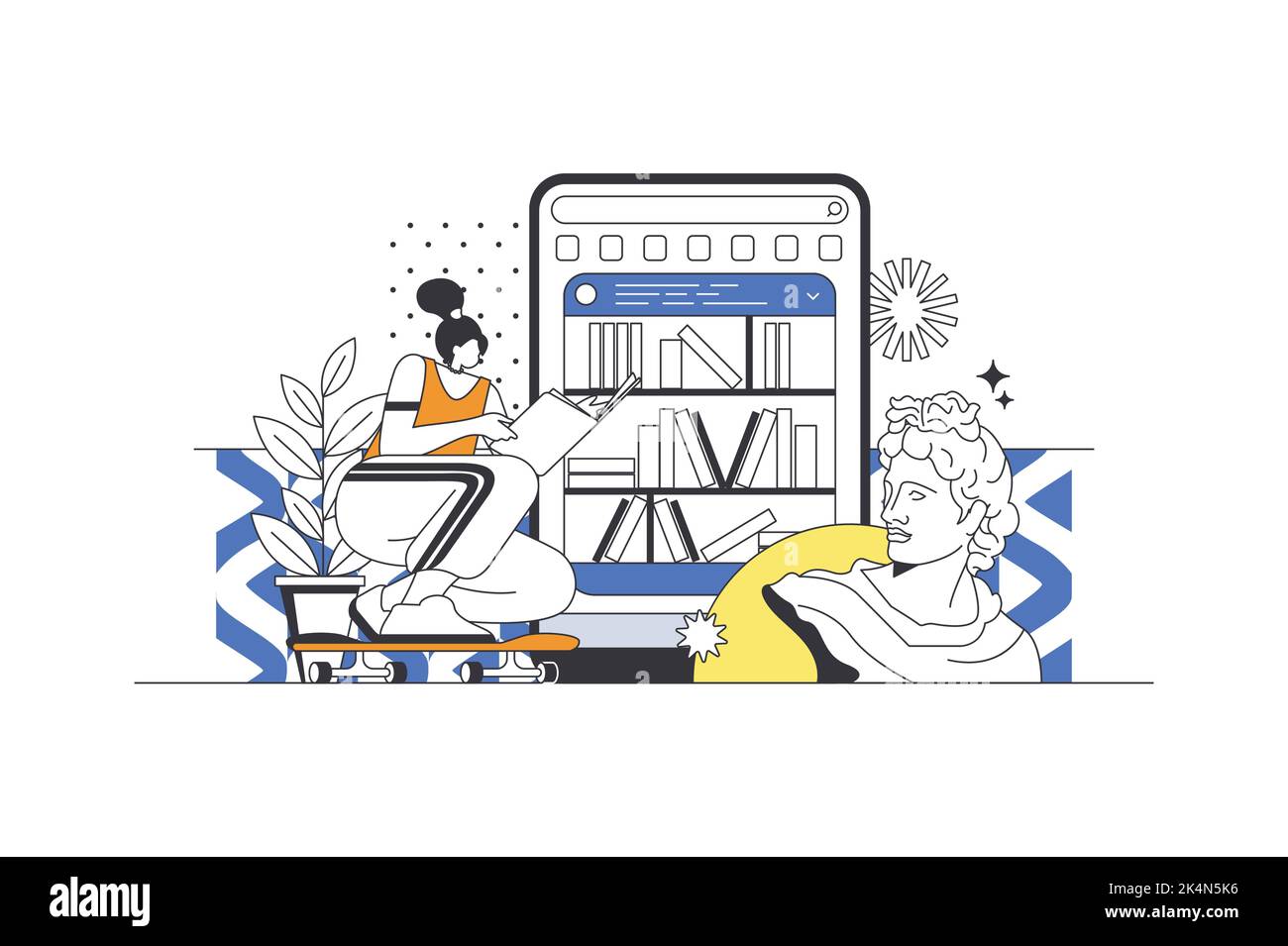 Webkonzept der Online-Bibliothek in flacher Gliederung mit Schriftzeichen. Frau liest E-Books, speichert Bücher in Cloud-Speicher oder auf einem Gerät, kauft Bücher in Stock Vektor