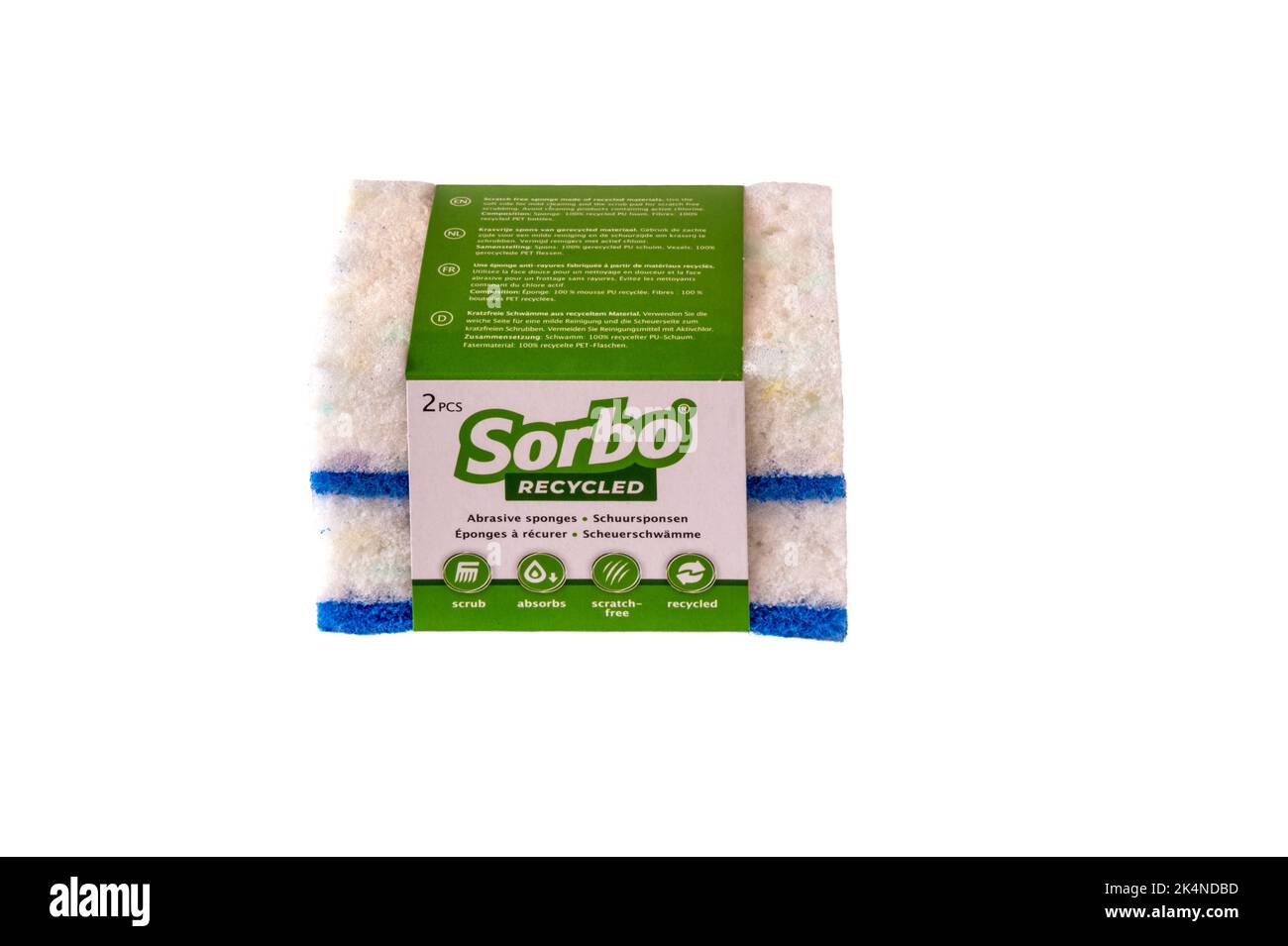 Sorbo kratzfreier Schwamm aus recycelten Materialien. Stockfoto