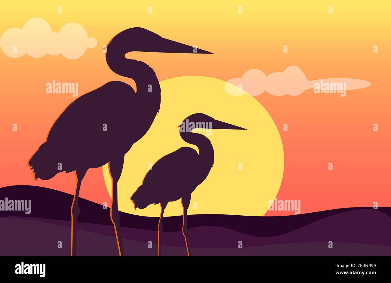 Vögel bei Sonnenuntergang, Illustration, Vektor auf weißem Hintergrund. Stock Vektor