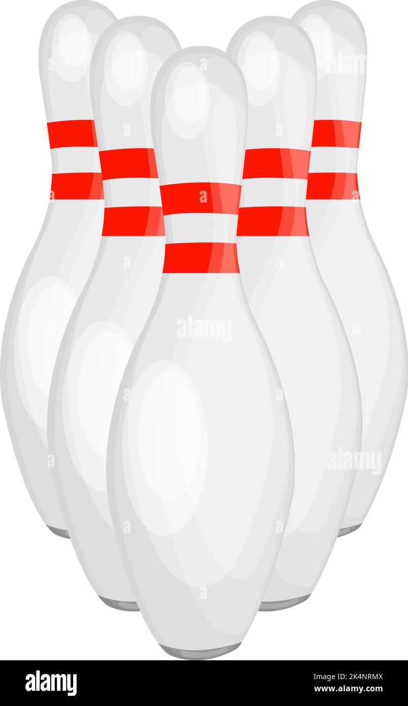 Weiße Bowlingstifte mit roten Streifen, Illustration, Vektor auf weißem Hintergrund. Stock Vektor