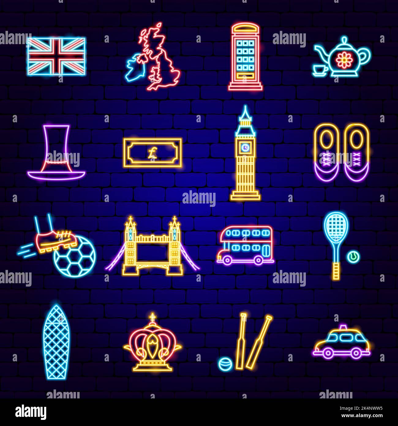 Großbritannien England Neon Ikonen Stock Vektor