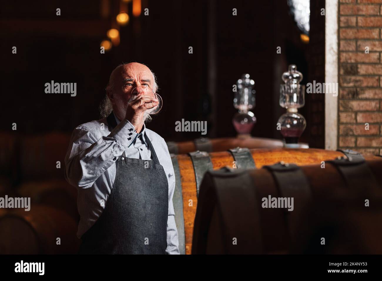 Kaukasischer Senior-Graubart-Winzer, der Rotwein verkostet, um seine Qualität und seinen Geschmack zu ermitteln, steht in der Nähe eines großen Eichenfasses Stockfoto
