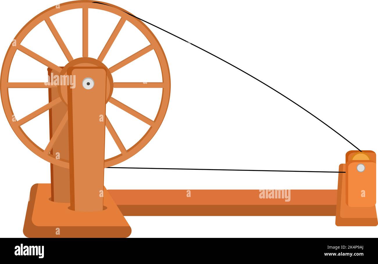 Hölzerne Spinnrad, Illustration, Vektor auf weißem Hintergrund. Stock Vektor