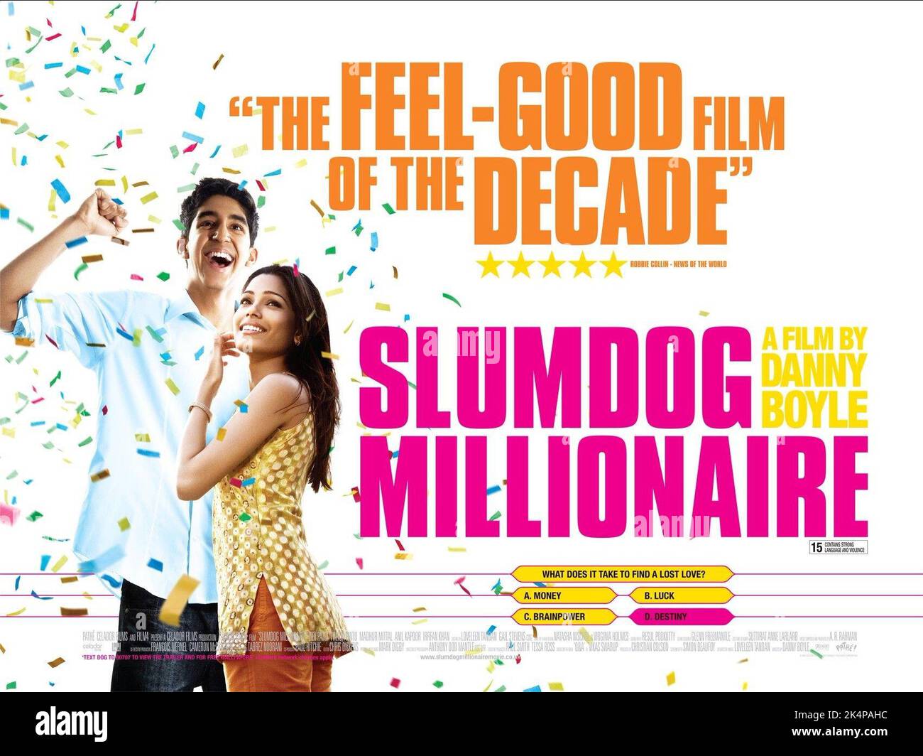 DEV PATEL, Freida Pinto, Plakat, Slumdog Millionaire, 2008 Stockfoto