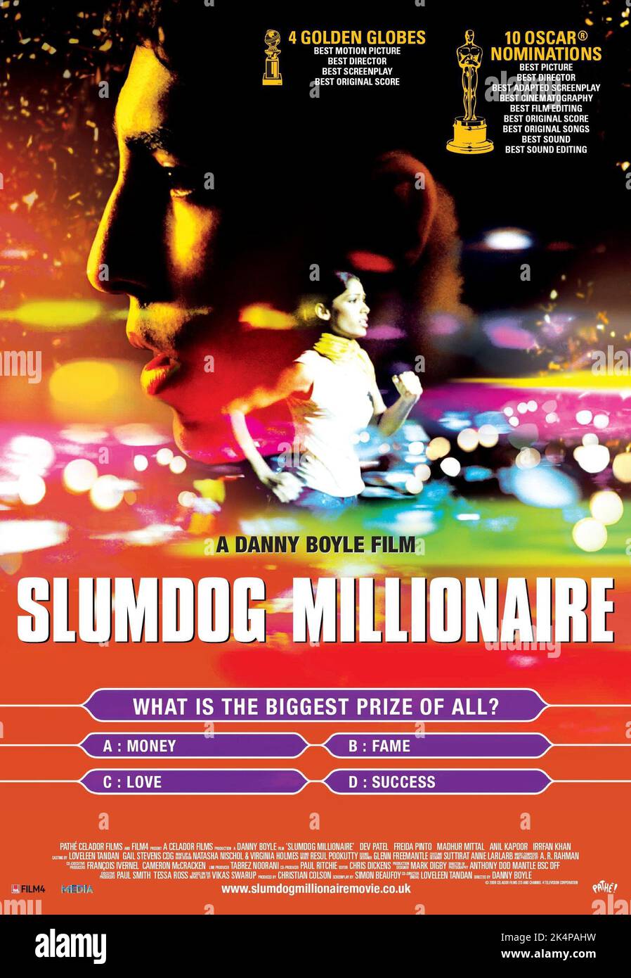 DEV PATEL, Freida Pinto, Plakat, Slumdog Millionaire, 2008 Stockfoto