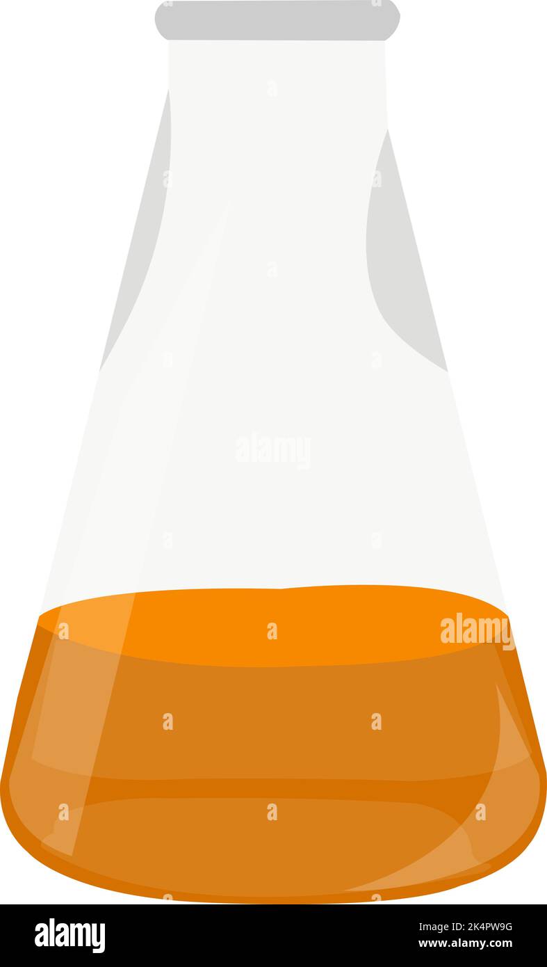 Orangefarbene Flüssigkeit in Glaskolben, Illustration, Vektor auf weißem Hintergrund. Stock Vektor