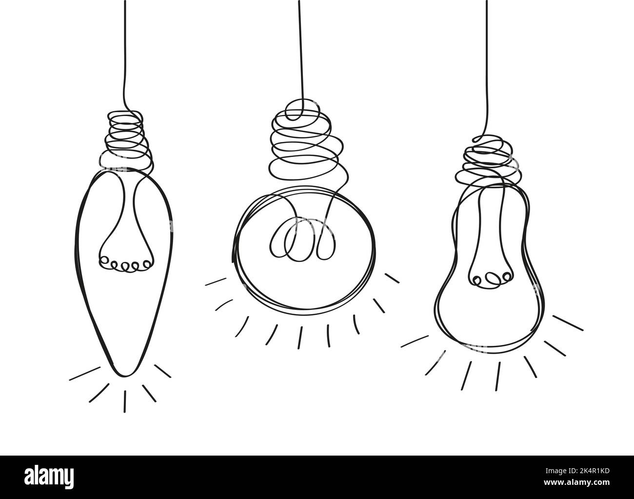 Glühbirne Vektor in Linie gesetzt, Dodle-Stil. Handgezeichnete elektrische Lampen, Glühlampen. Prozess der Lösung, Entfesselung von Problemen. Brainstorming-Vektor-Konzept. Stock Vektor