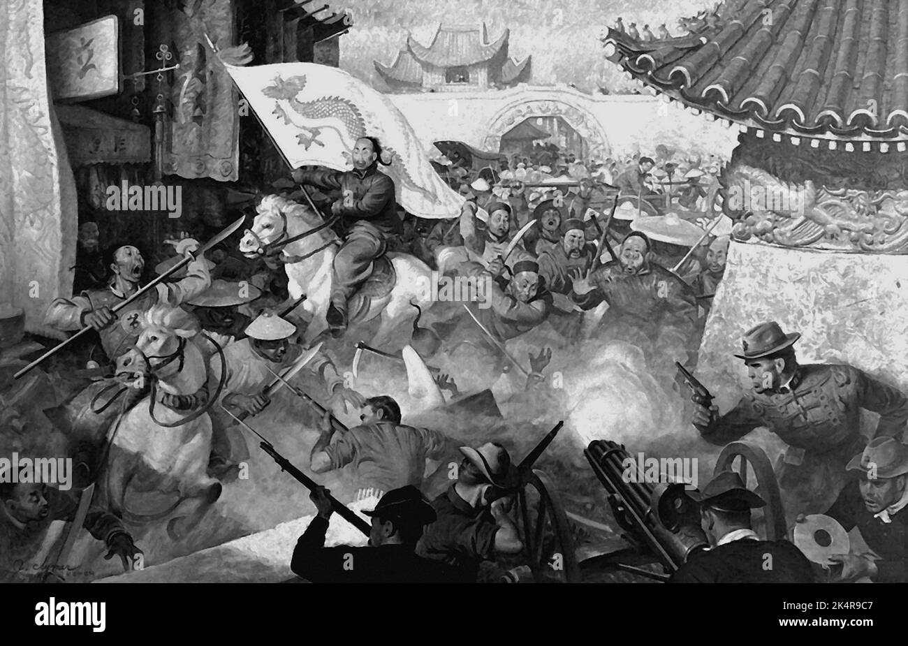PEKING, CHINA - 1900 - Kunstwerk, das die US-Marineinfanteristen zeigt, die vor der Peking-Legation gegen die rebellischen Boxer kämpfen, 1900. Gemälde von John Clymer - Stockfoto