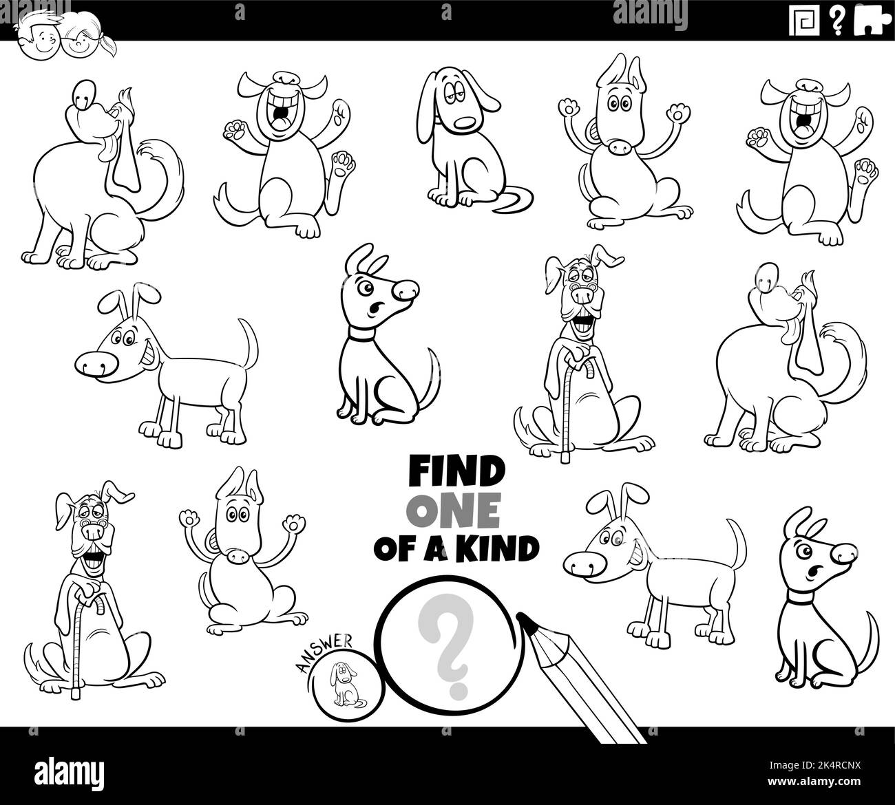 Schwarz-Weiß-Cartoon-Illustration der Suche nach einer Art Bild Bildungs-Spiel mit Comic-Hunde Tier-Charaktere Färbung Seite Stock Vektor