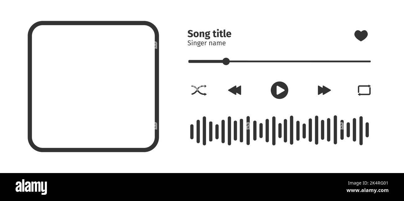 Audio-Player-Interface-Design-Element mit Song-Foto-Rahmen, Tasten, Ladeleiste und Schallwelle. Horizontale Anordnung. Vektorgrafik auf weißem Hintergrund isoliert Stock Vektor