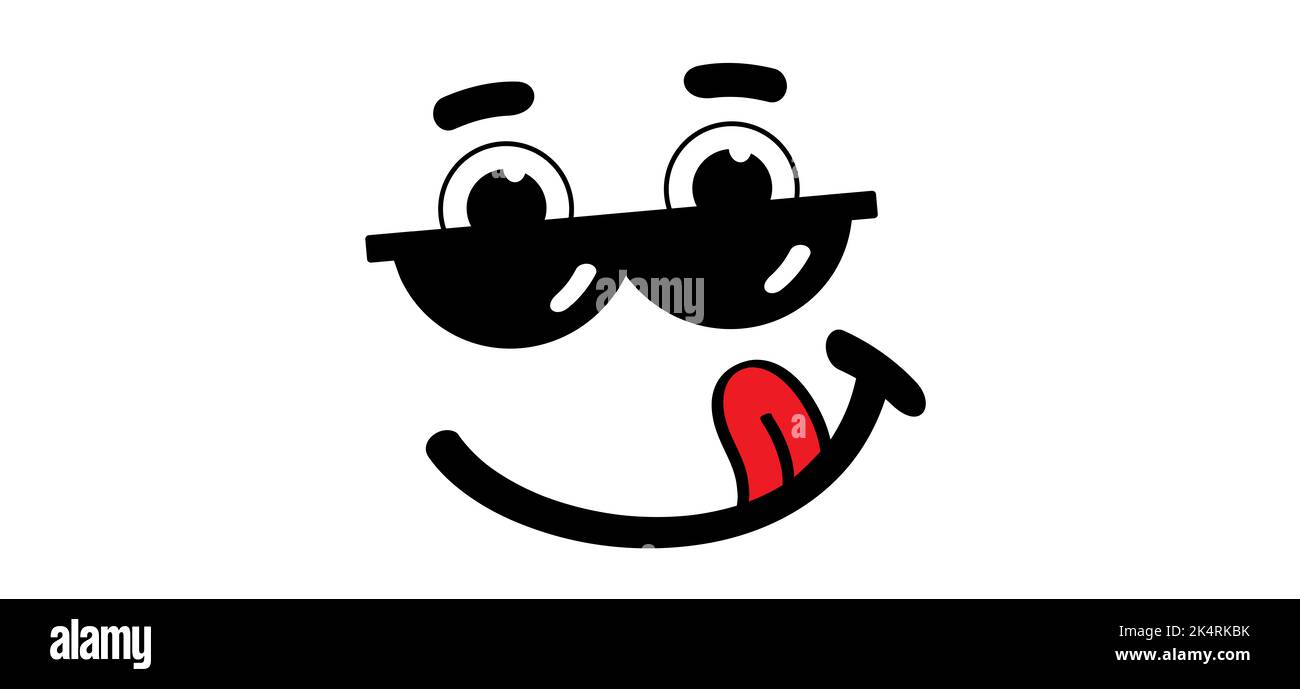 Leckeres Lächeln mit Zunge und Lippen. Emoticon, Emoji-Gesicht lächelnd und Sonnenbrille. Cartoon Vektor cool Zeichen. Essen, Mund essen. Komische Sonnenbrille und asto Stockfoto