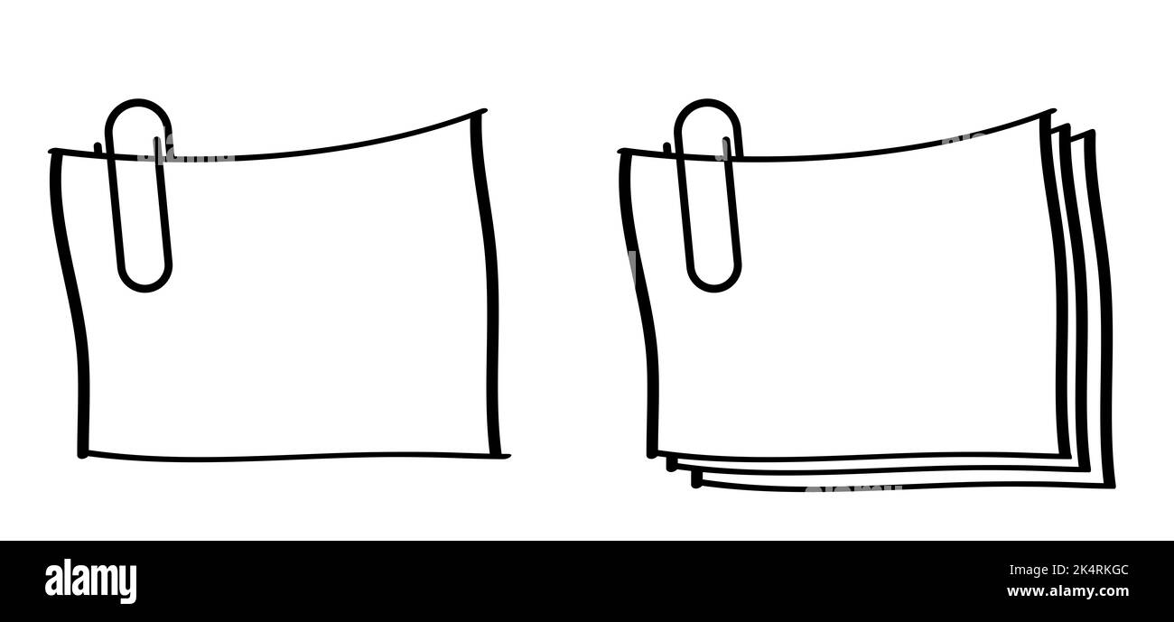 Büroklammern aus Metall für Post, Notiz oder Meno. Cartoon Zeichnung Büro Büroklammern. Leeres Büroklammersymbol oder Piktogramm. Angehängt, Dokument oder Datei anhängen. Bu Stockfoto