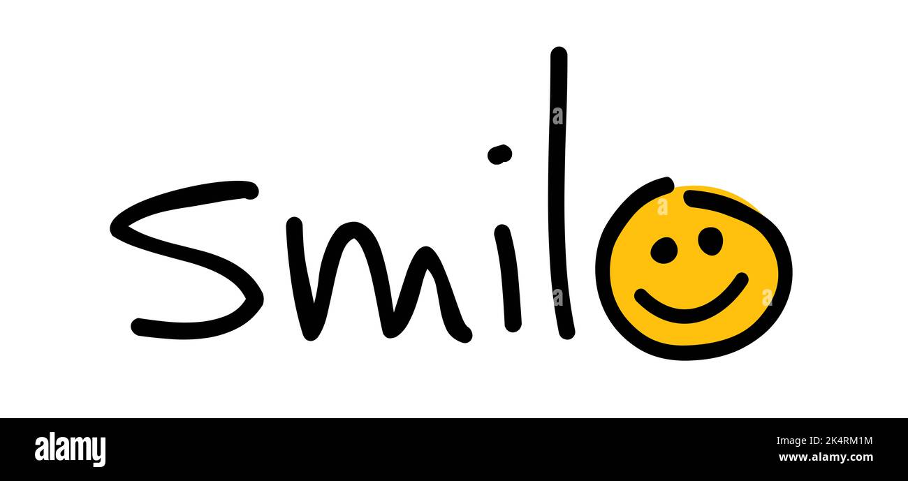 Slogan Lächeln Sie jeden Tag. Vektordesign, inspirierende Botschaft Moment. Motivation mit glücklichen Lächeln. Handgezeichnetes Wort für positive Emotionen Zitate für Bann Stockfoto