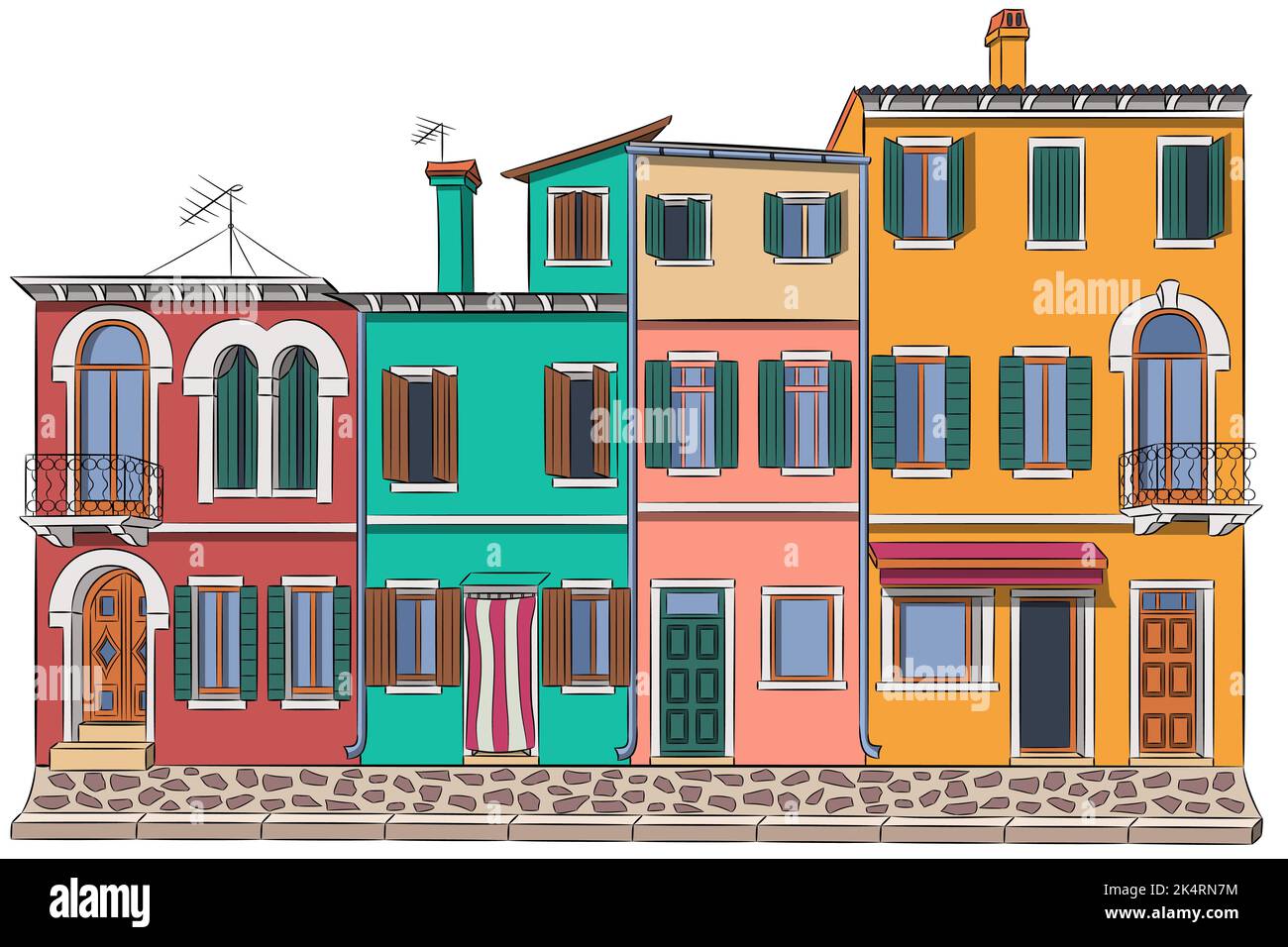 Bunte helle Fassaden von traditionellen kleinen Häusern auf der Insel Burano. Venedig. Italien. Stock Vektor