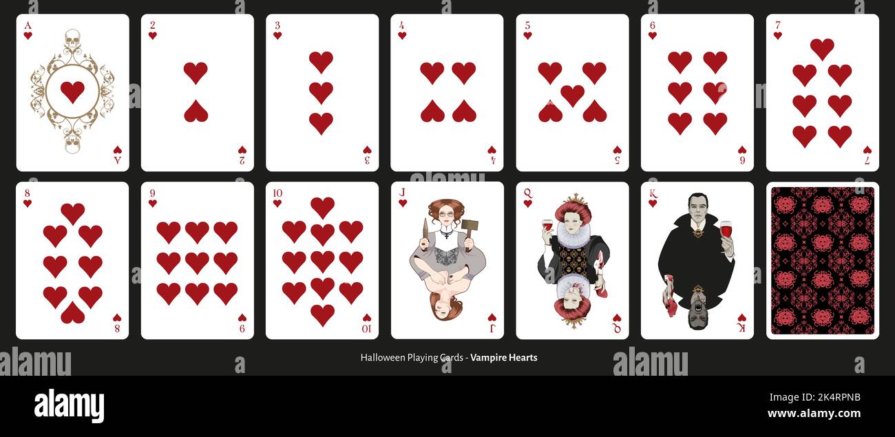 Halloween Poker Spielkarten. Herzen. Vampire. Abbildung auf weißem Hintergrund. Stockfoto