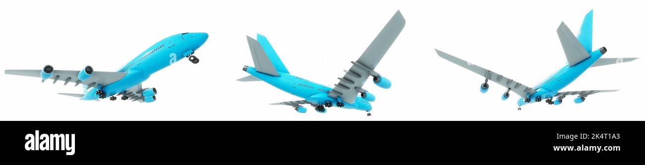Konzeptioneller Satz aus drei fliegenden blau-weißen Passagierjetlinern oder kommerziellen Flugzeugen, isoliert auf weißem Hintergrund. 3D Abbildung für Düsentransport Stockfoto