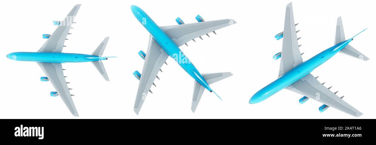 Konzeptioneller Satz aus drei fliegenden blau-weißen Passagierjetlinern oder kommerziellen Flugzeugen, isoliert auf weißem Hintergrund. 3D Abbildung für Düsentransport Stockfoto