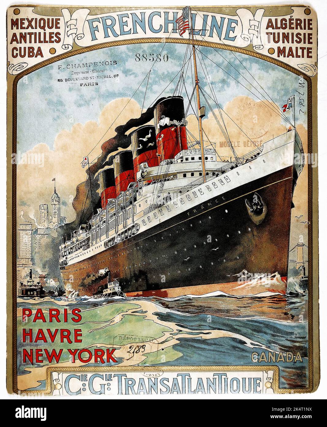 Winzer Travel Poster - French Line, Cie Gle Transatlantique Paris, Havre, New York, 1912 Stockfoto