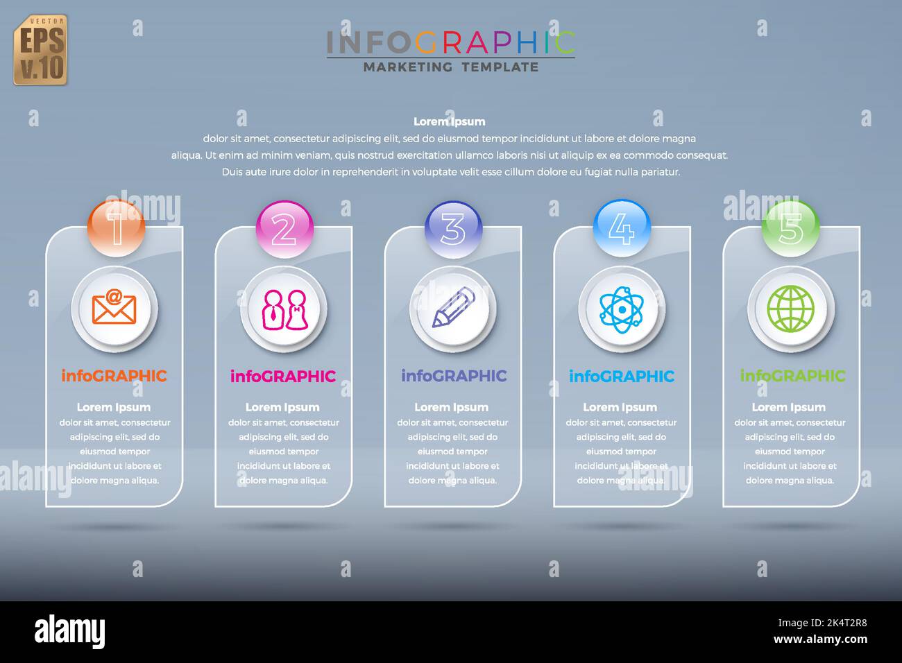 Infografik Business bunte Vorlage vertikale Banner Design Runde Symbole 5 Optionen in Glas Transparenz Hintergrund Stil. Sie können für Marketing verwendet werden Stock Vektor