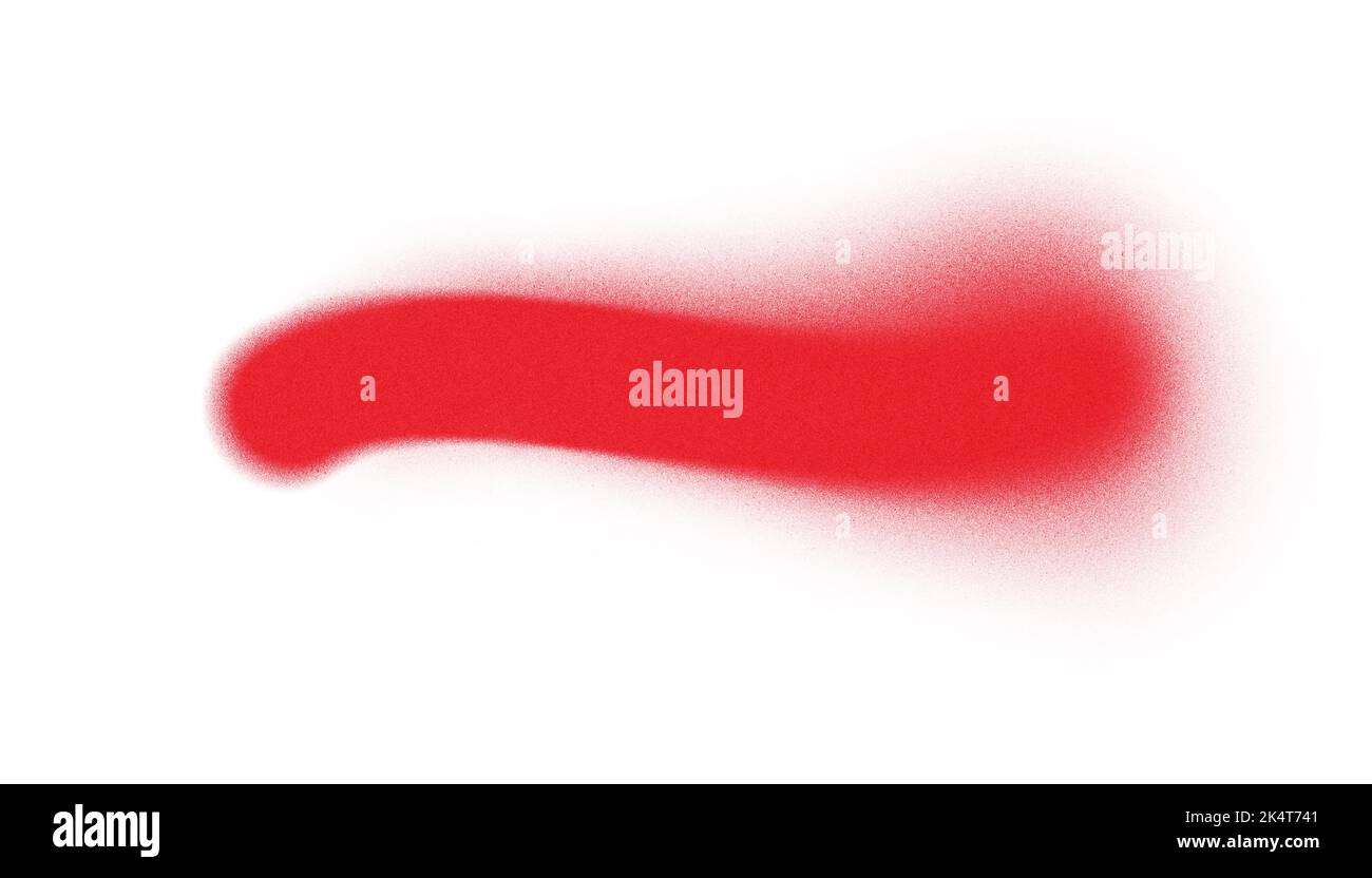 Abstrakter, gewellter Streifen in roter Farbe. Farbenfroher Blot auf weißem Hintergrund mit körnigen Sprühnebel-Effekt. Stockfoto