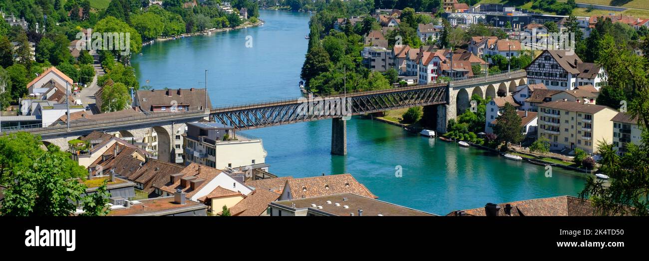 Eisenbahnbrücke Über Den Rhein, Blick Auf Die Stadt Von Der Festung Munot, Schaffhausen, Kanton Schaffhausen, Schweiz, Europa Stockfoto