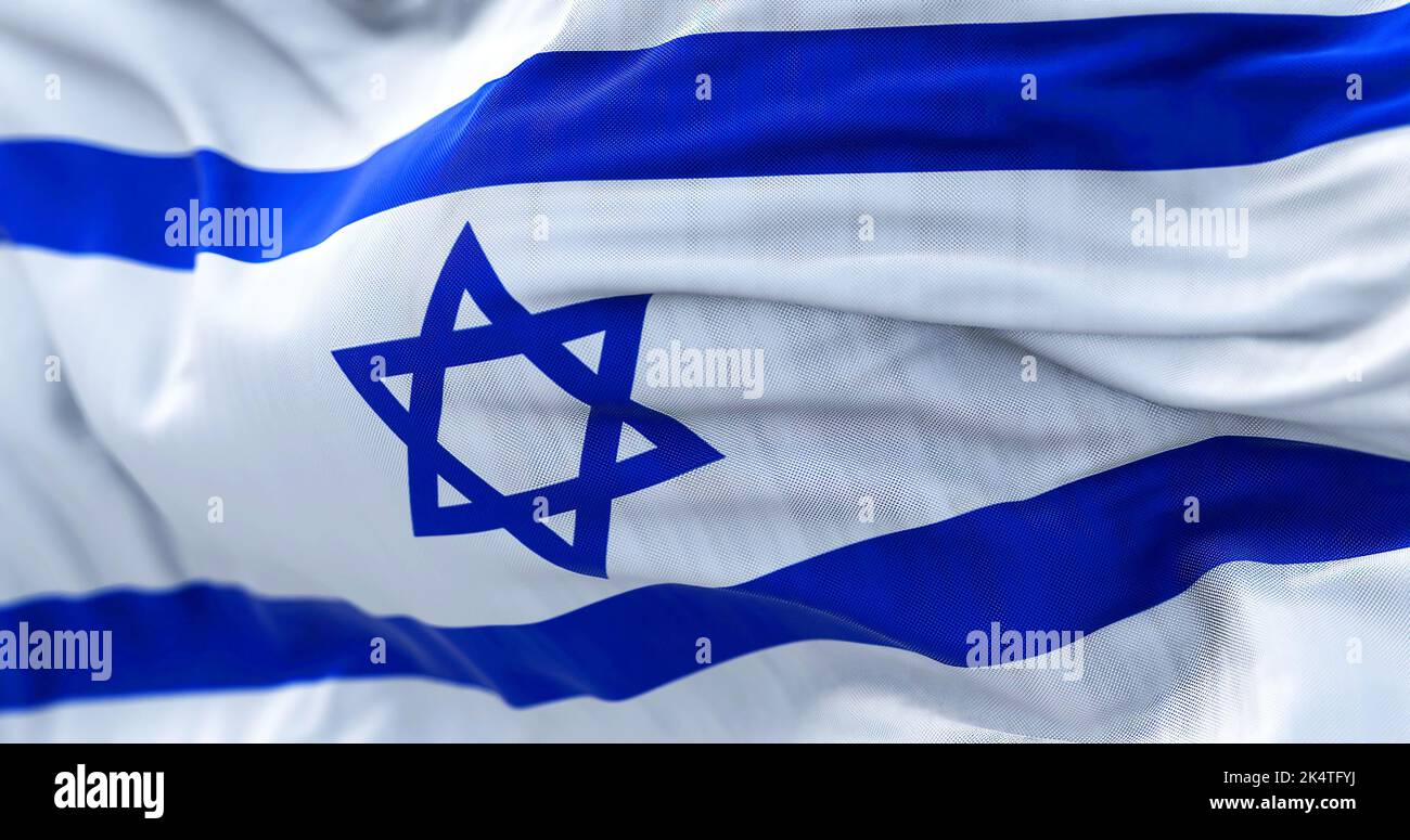Nahaufnahme der im Wind wehenden israelischen Nationalflagge. Der Staat Israel ist ein Staat des Nahen Ostens mit Blick auf das Mittelmeer. Fabric-Tex Stockfoto