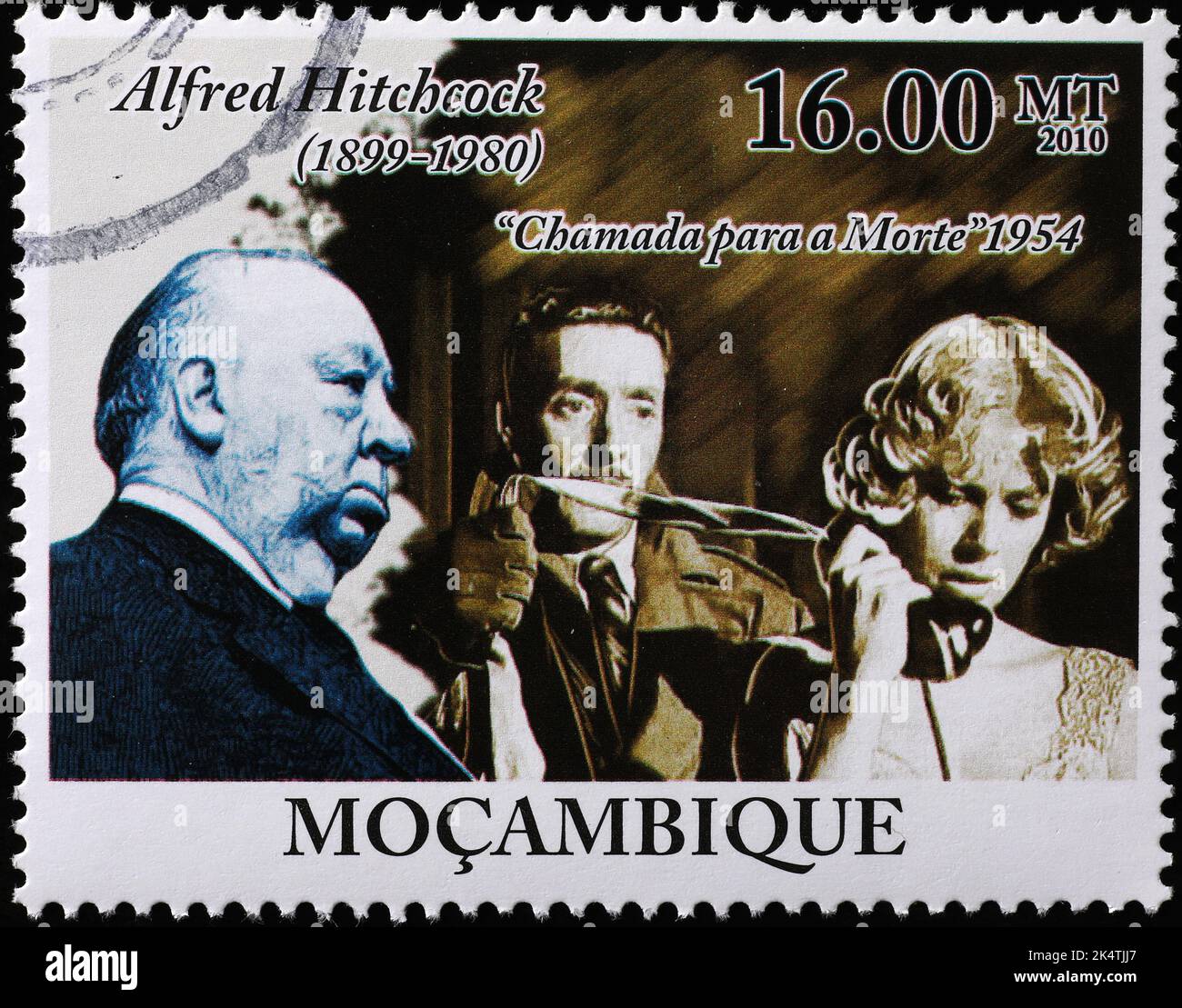 Alfred Hitchcock und sein Film 'Dial M for Murder' auf Briefmarke Stockfoto
