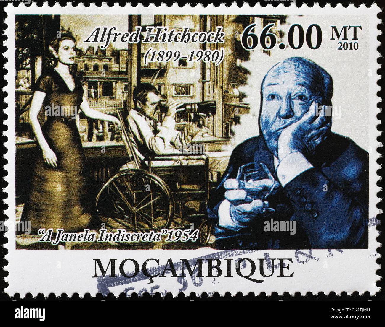 Alfred Hitchcock und sein Film 'Heckfenster' auf Briefmarke Stockfoto