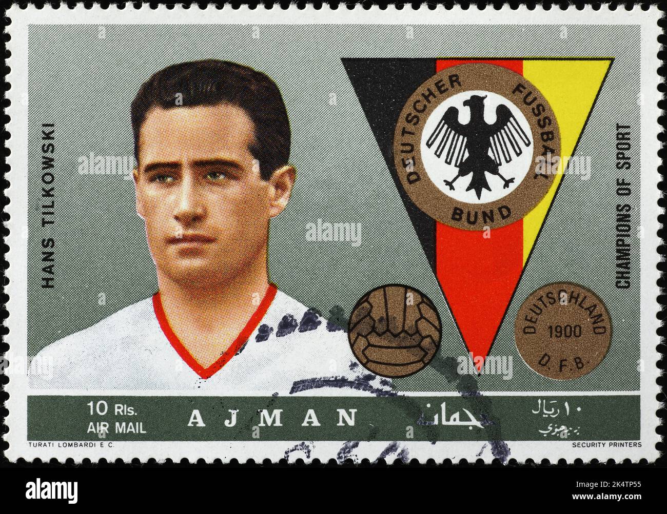 Deutscher Fußballspieler Hans Tilkowski auf alter Briefmarke Stockfoto