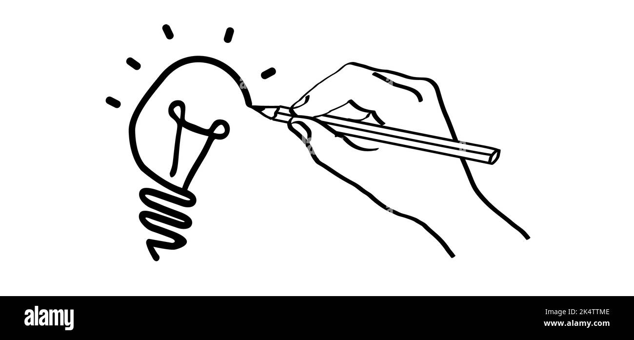 Ziehhand mit Pencel. Cartoon Zeichnung elektrische Lampe Idee. FAQ, Business Loading Concept Fun Vektor kreative Glühbirne Symbol oder Zeichen Ideen Brillian Stockfoto