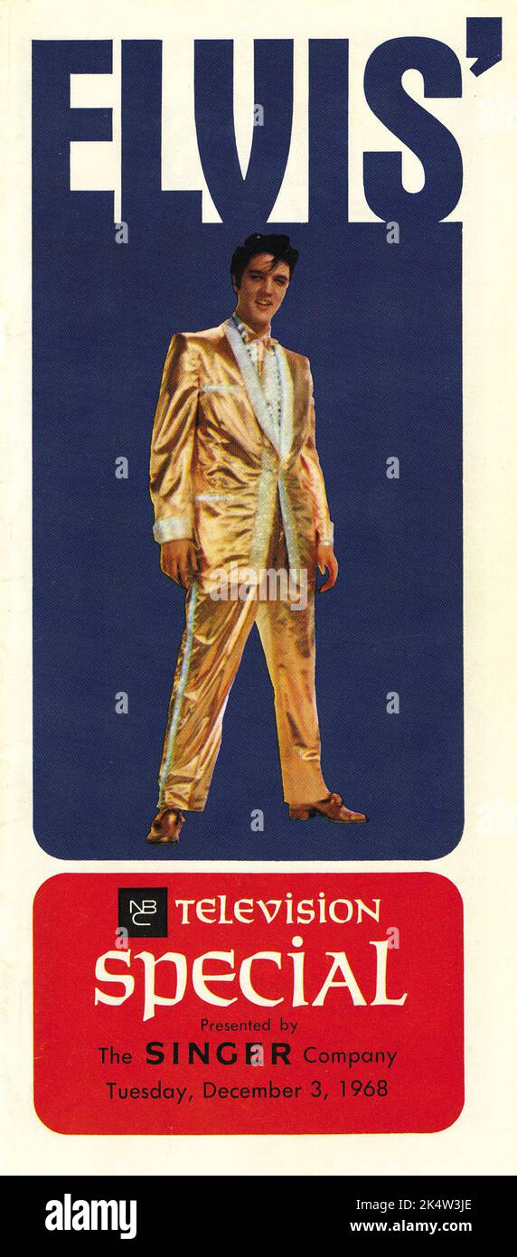 Elvis-Werbung für das NBC TV Special Dezember 1968. Elvis trägt seinen berühmten goldenen Anzug. Stockfoto Elvis-Werbung für das NBC TV Special Dezember 1968. Elvis trägt seinen berühmten goldenen Anzug. Stockfoto