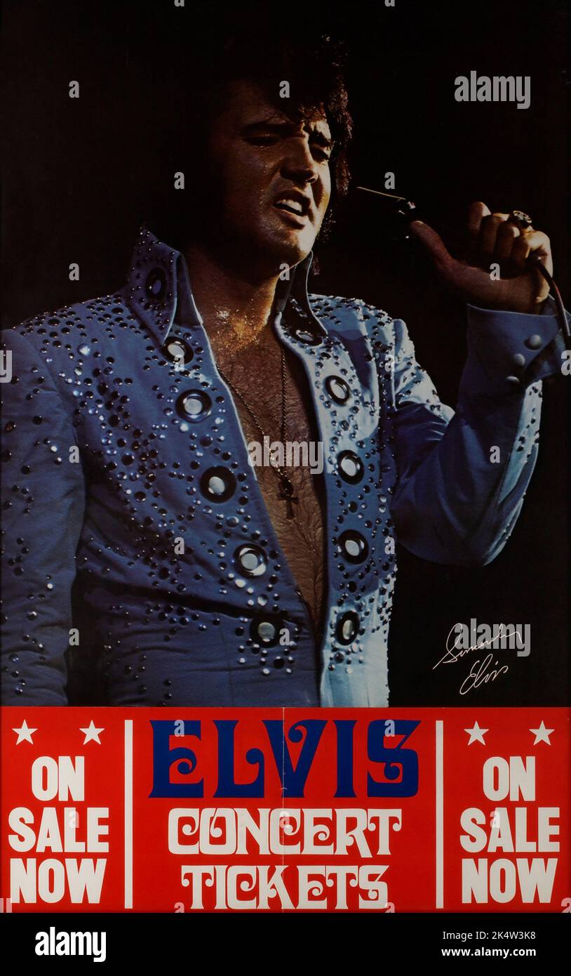 Elvis Presley-Werbung Elvis Concert Tickets jetzt im Verkauf - Anfang 1970s Stockfoto
