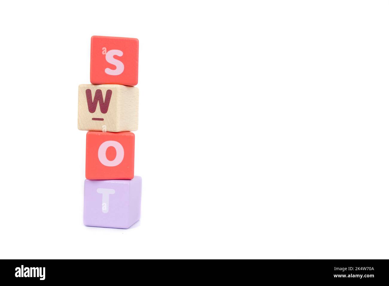 SWOT ist ein Akronym für die Wörter Stärken, Schwächen, Chancen und Bedrohungen in einem Projekt Stockfoto