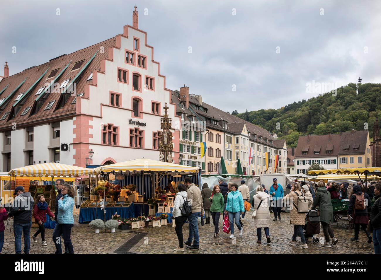 Markt im nördlichen Teil des Domplatzes, Kornhaus, Freiburg im Breisgau, Baden-Württemberg, Deutschland. Markt auf dem noerdlichen Mi Stockfoto