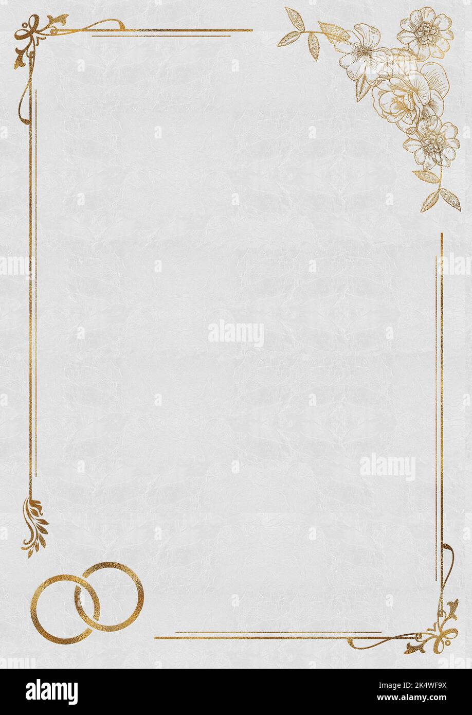 Hochzeit Einladung Hintergrund mit goldenen Blumenrahmen und Ringe - Weiß Stockfoto